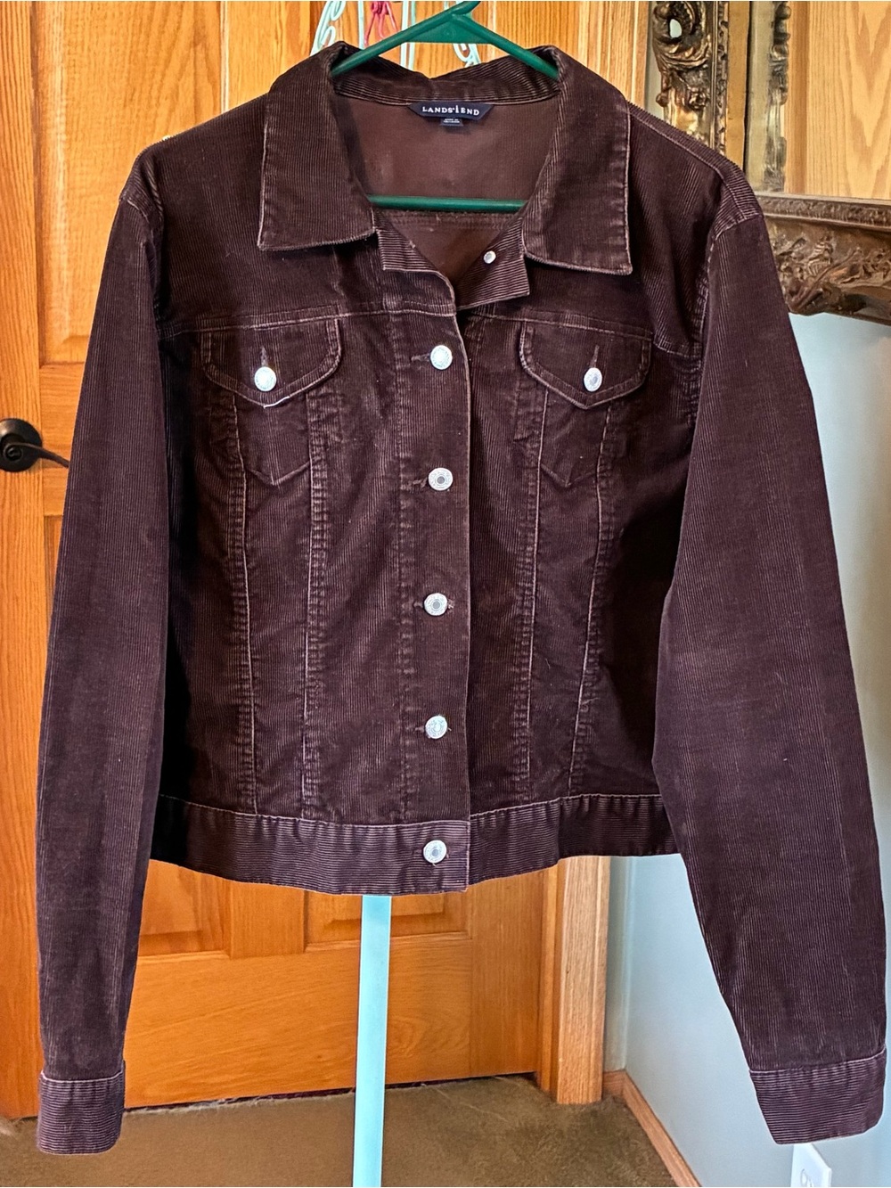 Lands End Corduroy Trucker Jacket L 14-16 Brown Western Boho Hippy Classic Coat